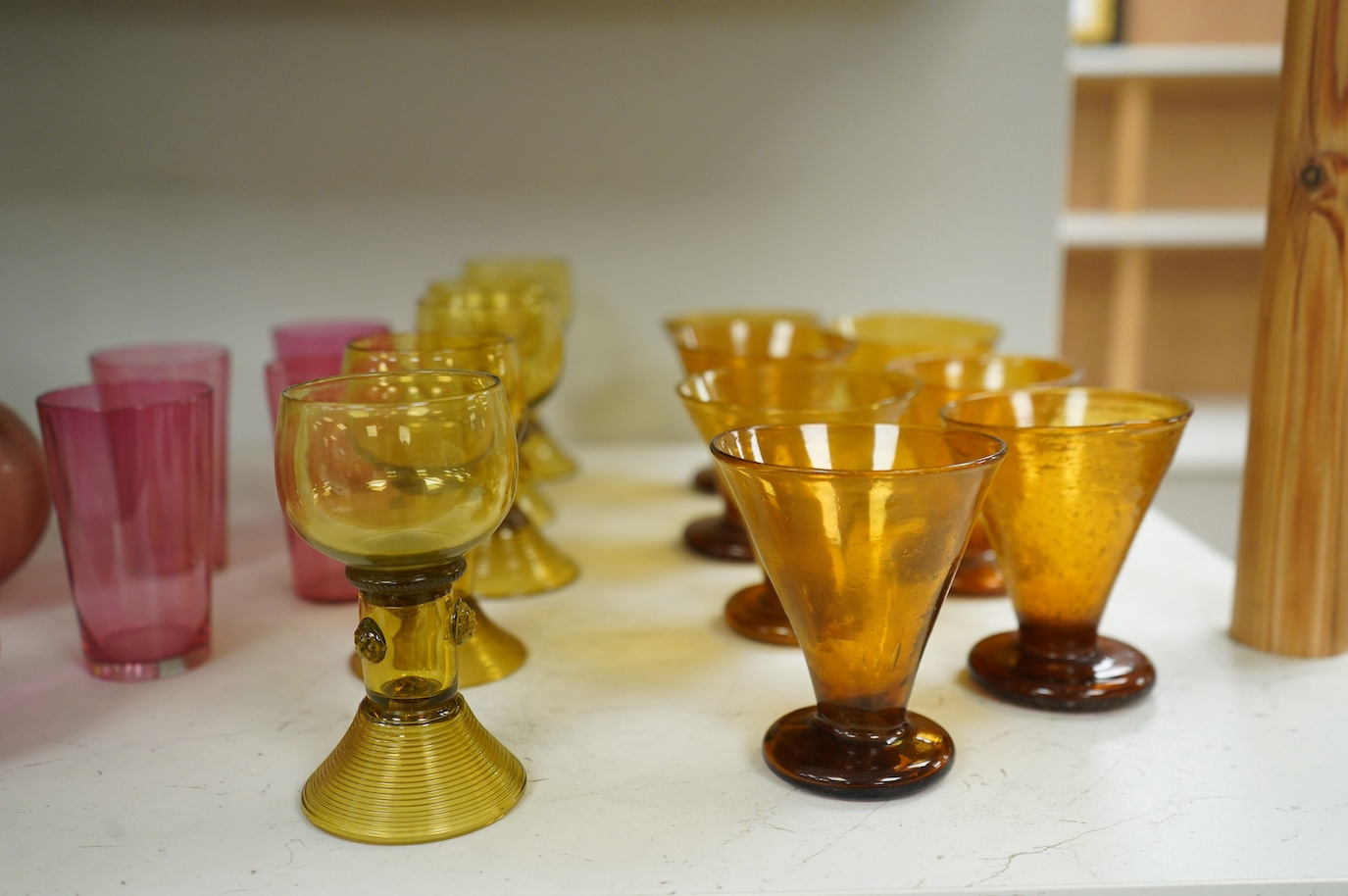 A collection of assorted coloured glassware, 18th century and later. Tallest 24cm. Condition - fair